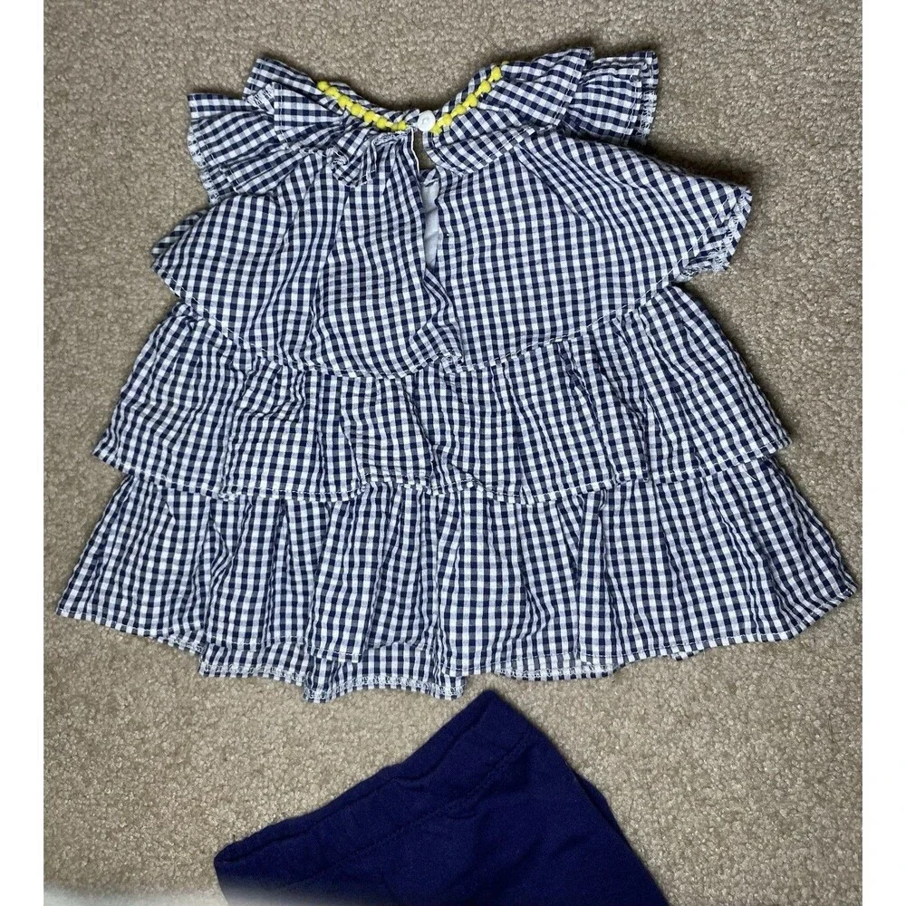 Rare Editions 6M Navy Gingham Butterfly Outfit 2pc Set Pom Pom Trim Summer